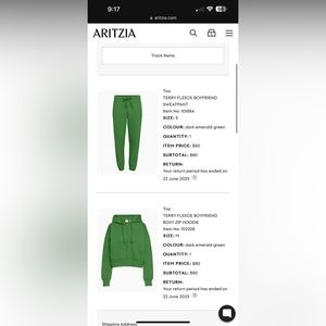 Aritzia Terry Fleece Sweat Suit in Emerald green